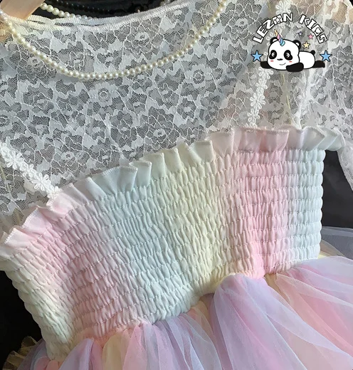 LEZONKIDS - Summer New Fashion Neon Slip Dress Baby Girls Layered Princess Short Sleeves Western Style Ball Gowns Design Mesh Dress